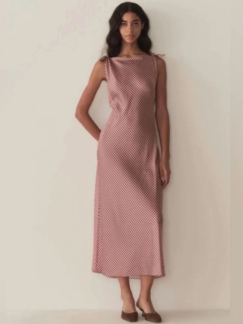 NWT Caroline Constas Burgundy Red Gingham Check Satin Slip Maxi Dress Medium